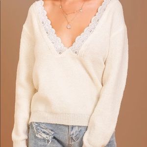 White Apricot Sweet V Neck Sweater Lace